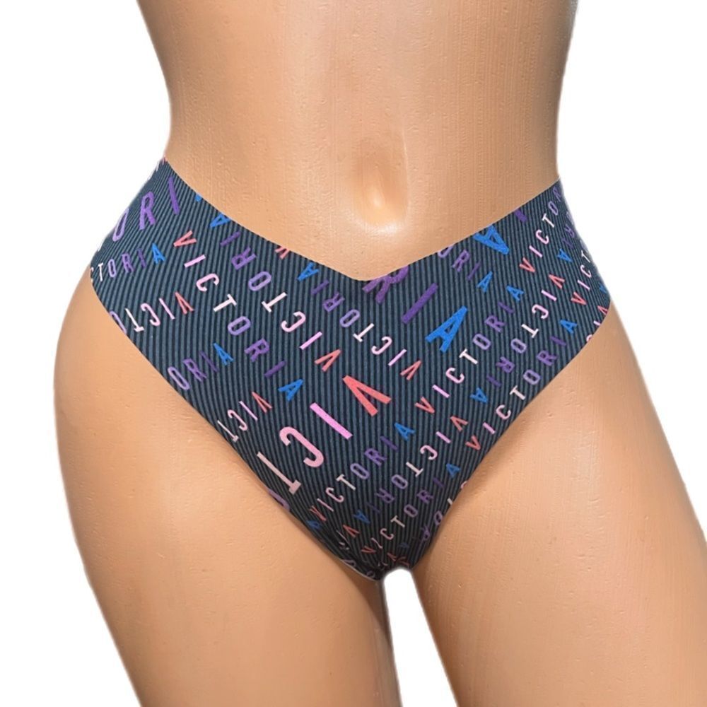 Victorias Secret No Show raw cut logo all over Thong panty multicolor Medium